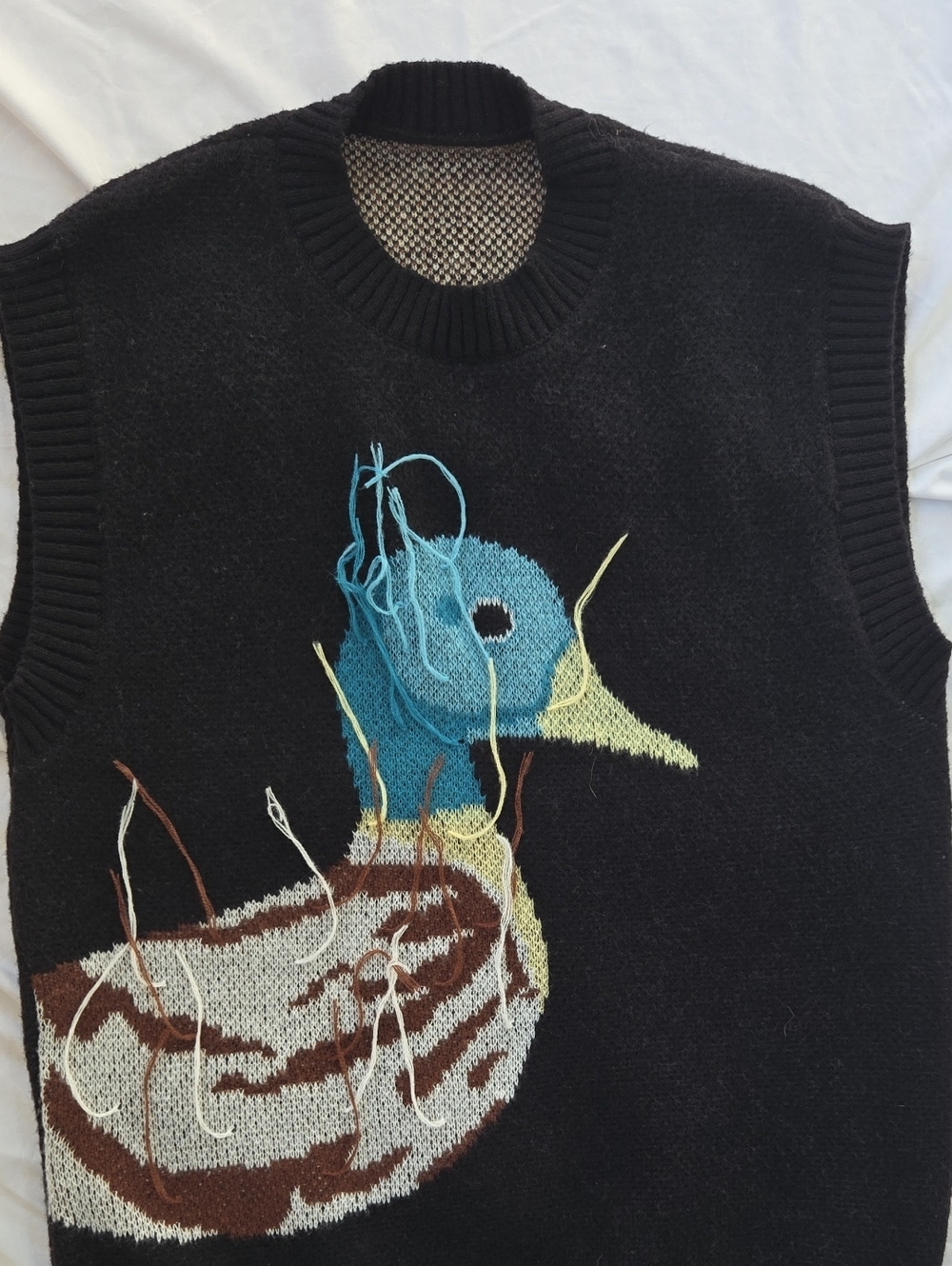 Men/Unisex BlackSleeveless Sweater Graphic Colorful Duck Front With Long Threads - Picture 6 of 12